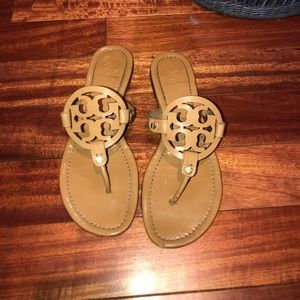 Tory Burch patten tan leather flip flops